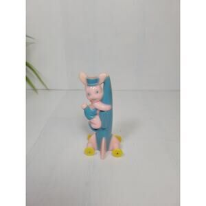 Vintage Rosbro Bunny & Rocket Candy Container, Hard Plastic Pull Toy Pink Blue